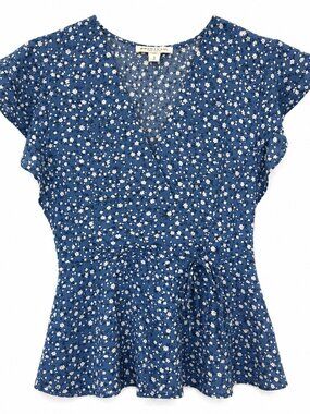 Monteau Los Angeles Blue Floral Mock Wrap Blouse | Short Sleeve Small